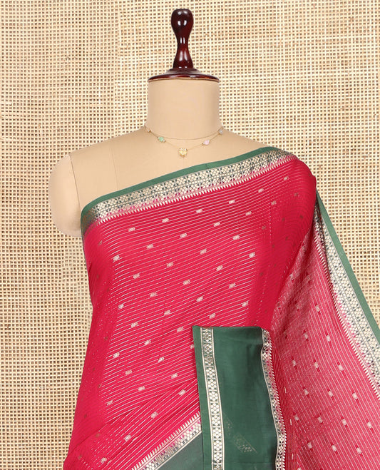 Red Assam Silk Saree,Highlighted by Zari Buttas and Stripes, Complemented by Contrast Zari Border,  Zari Woven Pallu, and Contrast Blouse