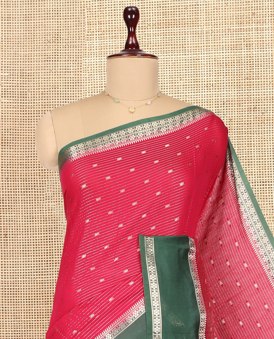 Red Assam Silk Saree,Highlighted by Zari Buttas and Stripes, Complemented by Contrast Zari Border,  Zari Woven Pallu, and Contrast Blouse