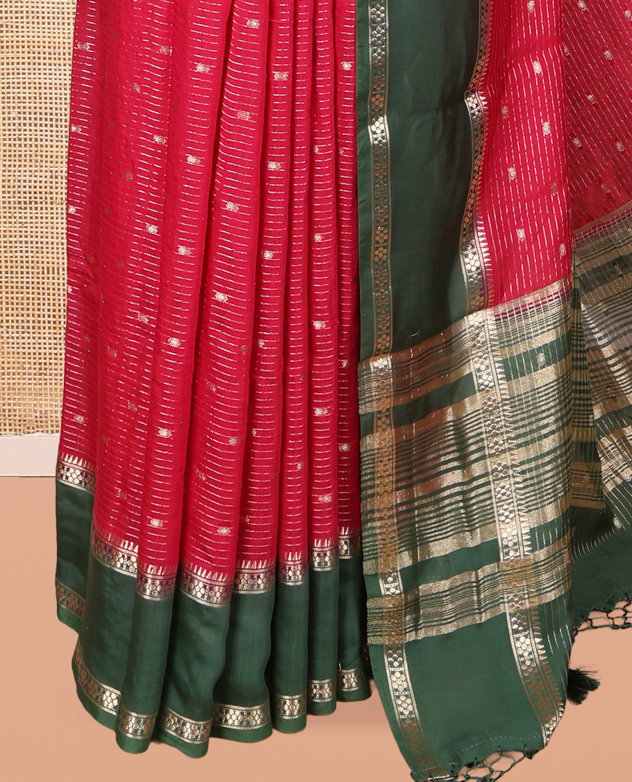 Red Assam Silk Saree,Highlighted by Zari Buttas and Stripes, Complemented by Contrast Zari Border,  Zari Woven Pallu, and Contrast Blouse