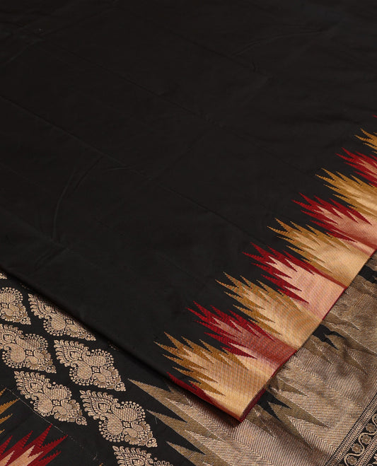 Black plain Bangalore silk saree, contrast temple border, and Mughal-style intricate motifs woven pallu