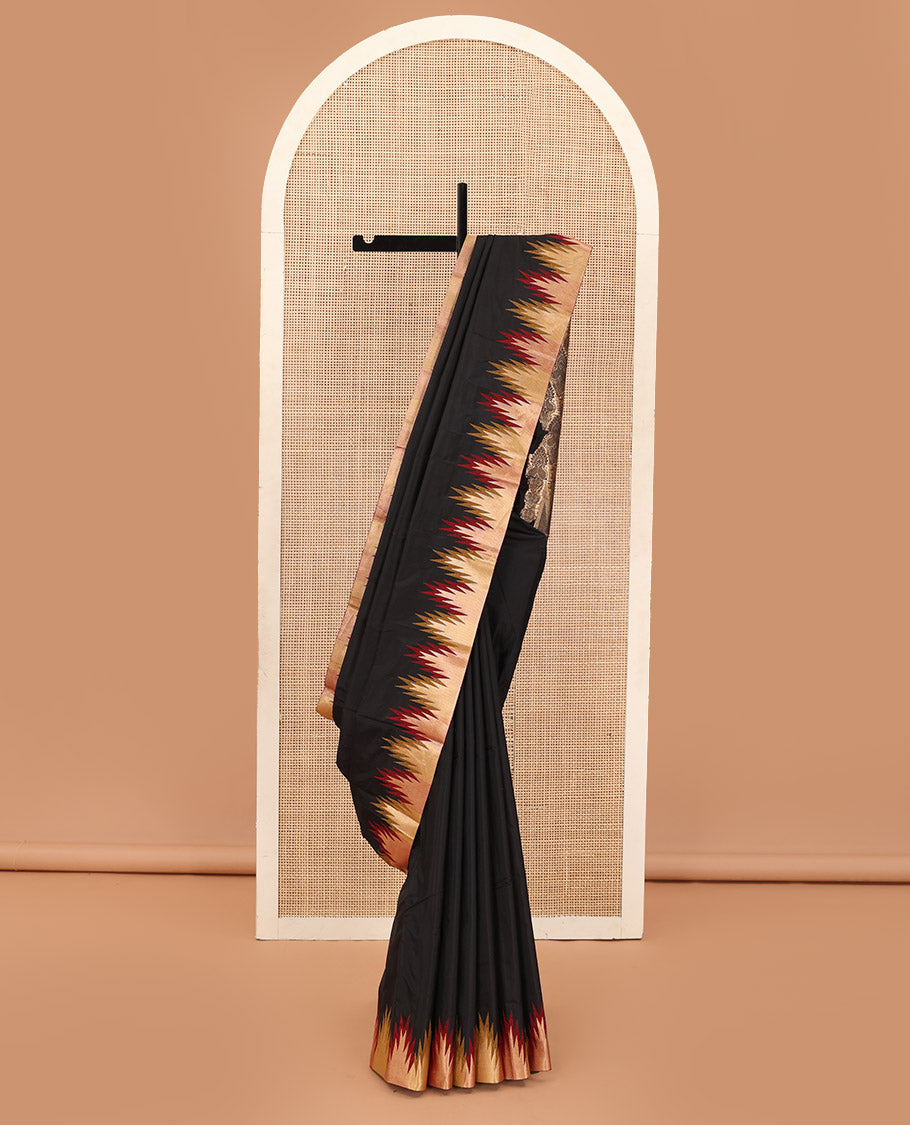 Black plain Bangalore silk saree, contrast temple border, and Mughal-style intricate motifs woven pallu