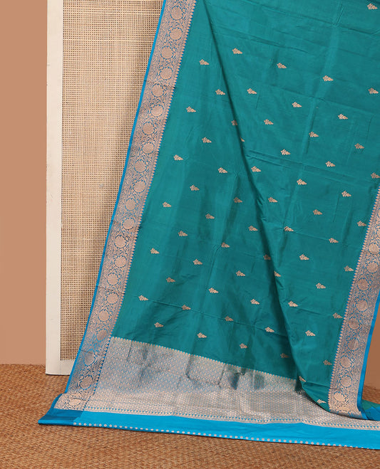 Ramar blue zari buttas katan silk saree, contrast traditional border of floral creeper design, and jaal pallu