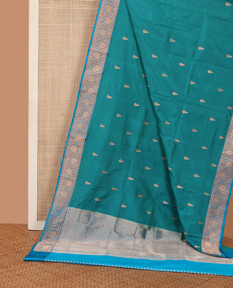 Ramar blue zari buttas katan silk saree, contrast traditional border of floral creeper design, and jaal pallu