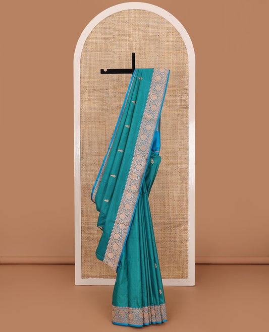 Ramar blue zari buttas katan silk saree, contrast traditional border of floral creeper design, and jaal pallu