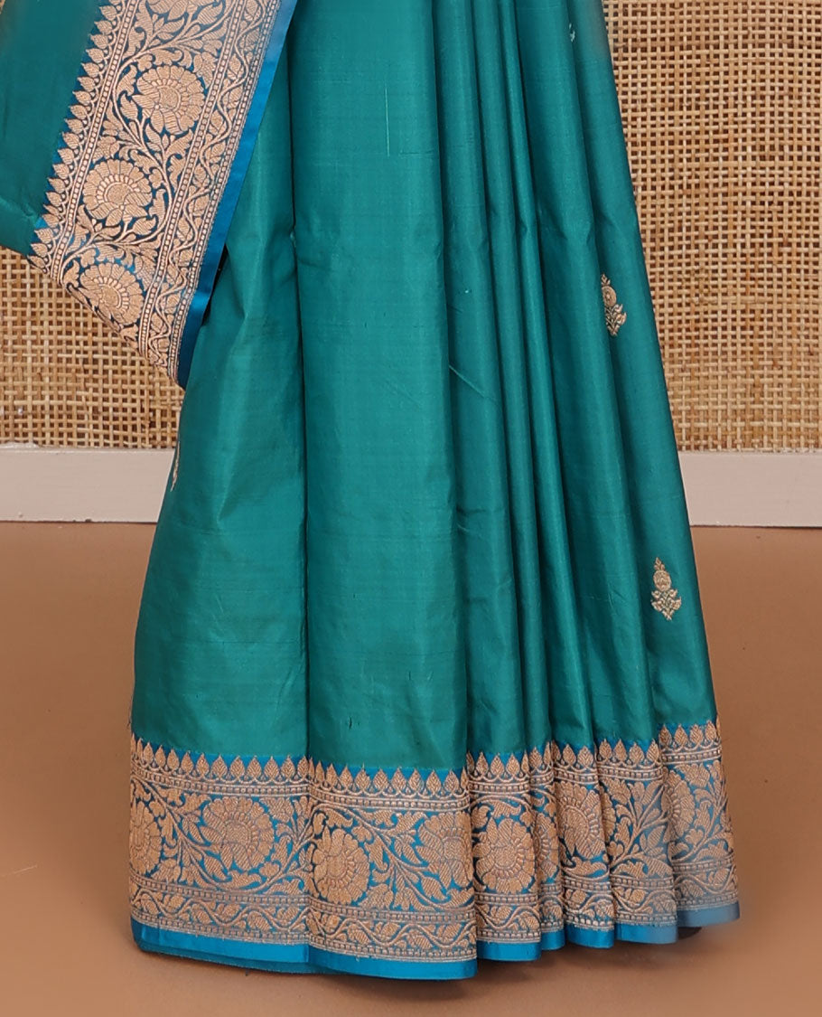 Ramar blue zari buttas katan silk saree, contrast traditional border of floral creeper design, and jaal pallu