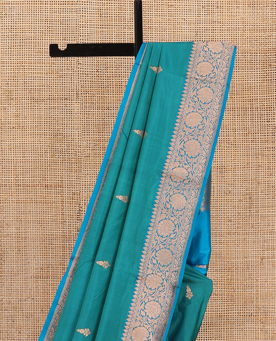 Ramar blue zari buttas katan silk saree, contrast traditional border of floral creeper design, and jaal pallu
