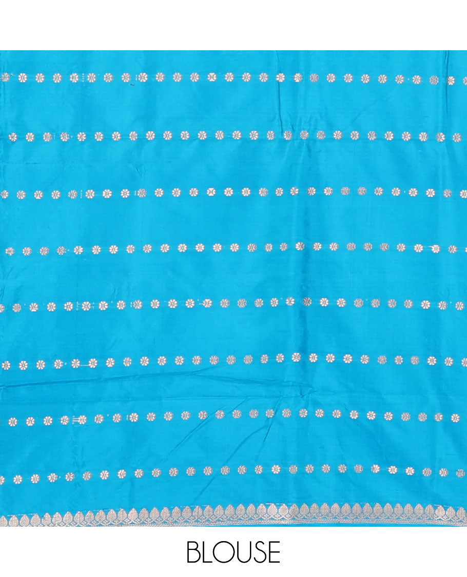 Ramar blue zari buttas katan silk saree, contrast traditional border of floral creeper design, and jaal pallu
