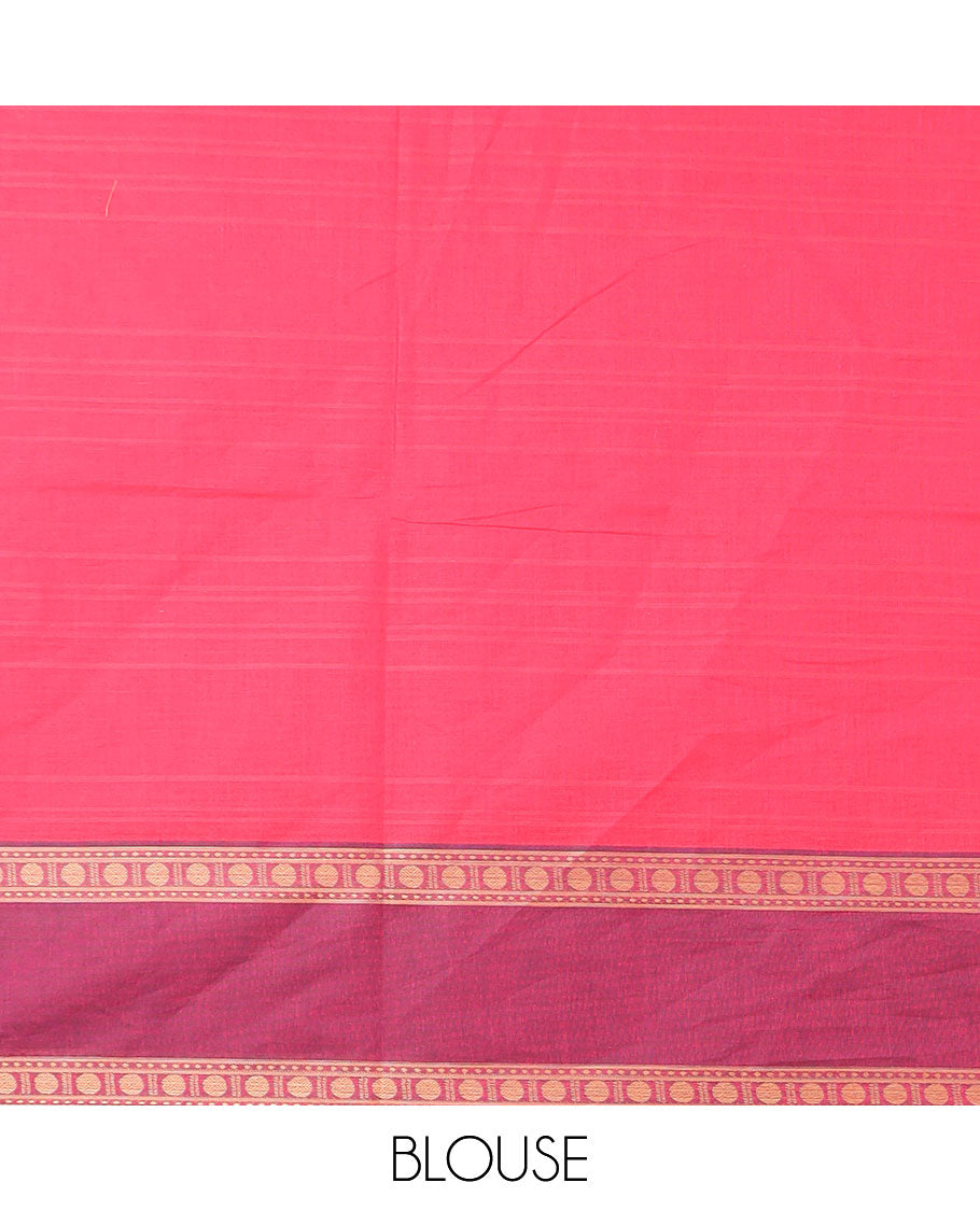 Red buttas coimbatore cotton saree, contrast rettai pettu border and pallu of floral designs