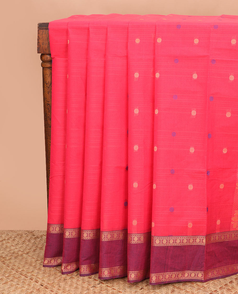 Red buttas coimbatore cotton saree, contrast rettai pettu border and pallu of floral designs