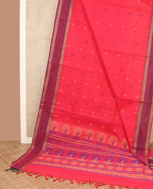 Red buttas coimbatore cotton saree, contrast rettai pettu border and pallu of floral designs