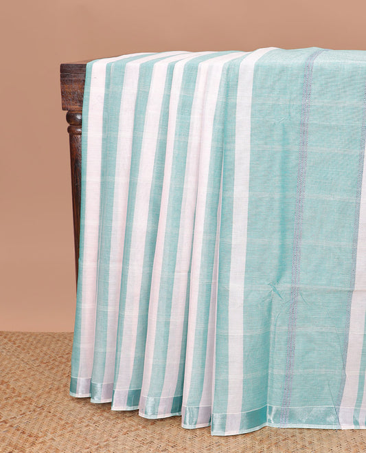 White with green checked with self zari border & checked pallu