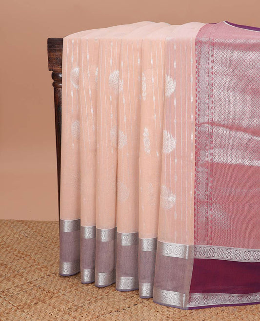 Sandal striped, floral design semi silk cotton saree with contrast rettai pettu zari design border & geometric design pallu