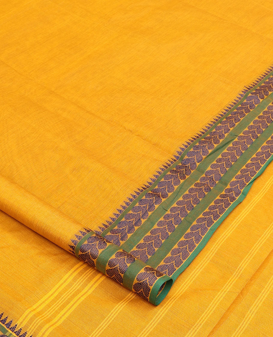 Yellow plain nine-yard cotton saree, temple border of leaf creeper designs, and striped pallu