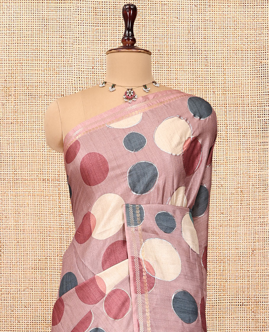 Onion Pink Fancy Tussar Saree With Polka Dots, Zari Border, Pallu, and Blouse