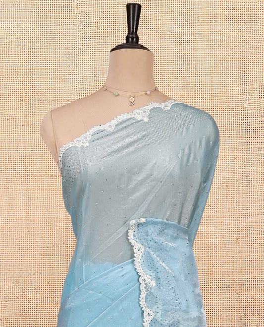 Blue Designer Saree, Steeped with Stones, a Scallop Stonework Lace Border, and Matching Blouse