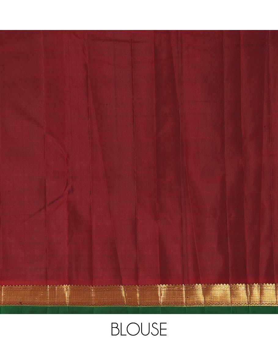 Blue malli mokku buttas Kanchipuram silk saree, contrast border of rekku, neli, and zari designs, and zari woven pallu