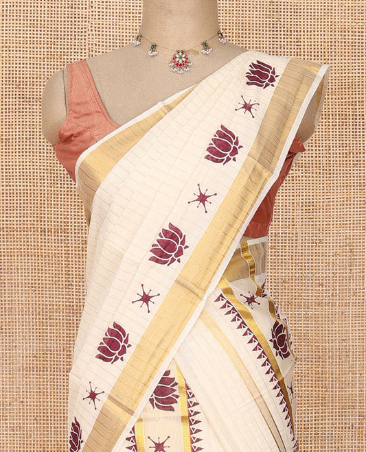 Cream striped & lotus motifs printed Kerala mundu set with zari border