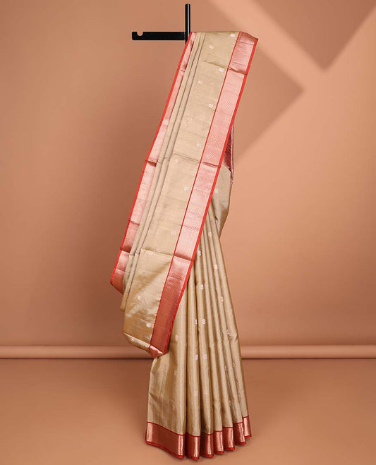 Gold striped soft silk saree with floral zari buttas, contrast jaal border & pallu of floral & intricate designs