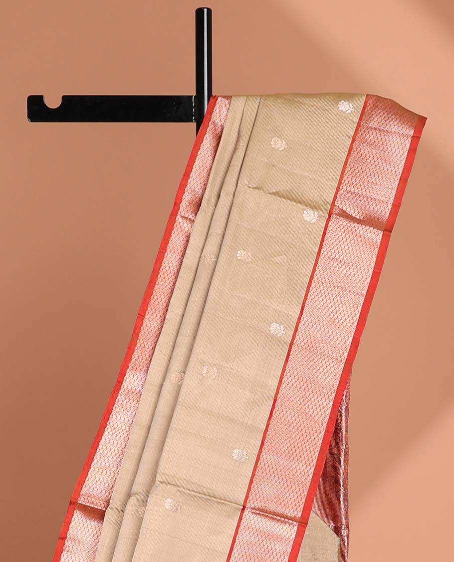 Gold striped soft silk saree with floral zari buttas, contrast jaal border & pallu of floral & intricate designs