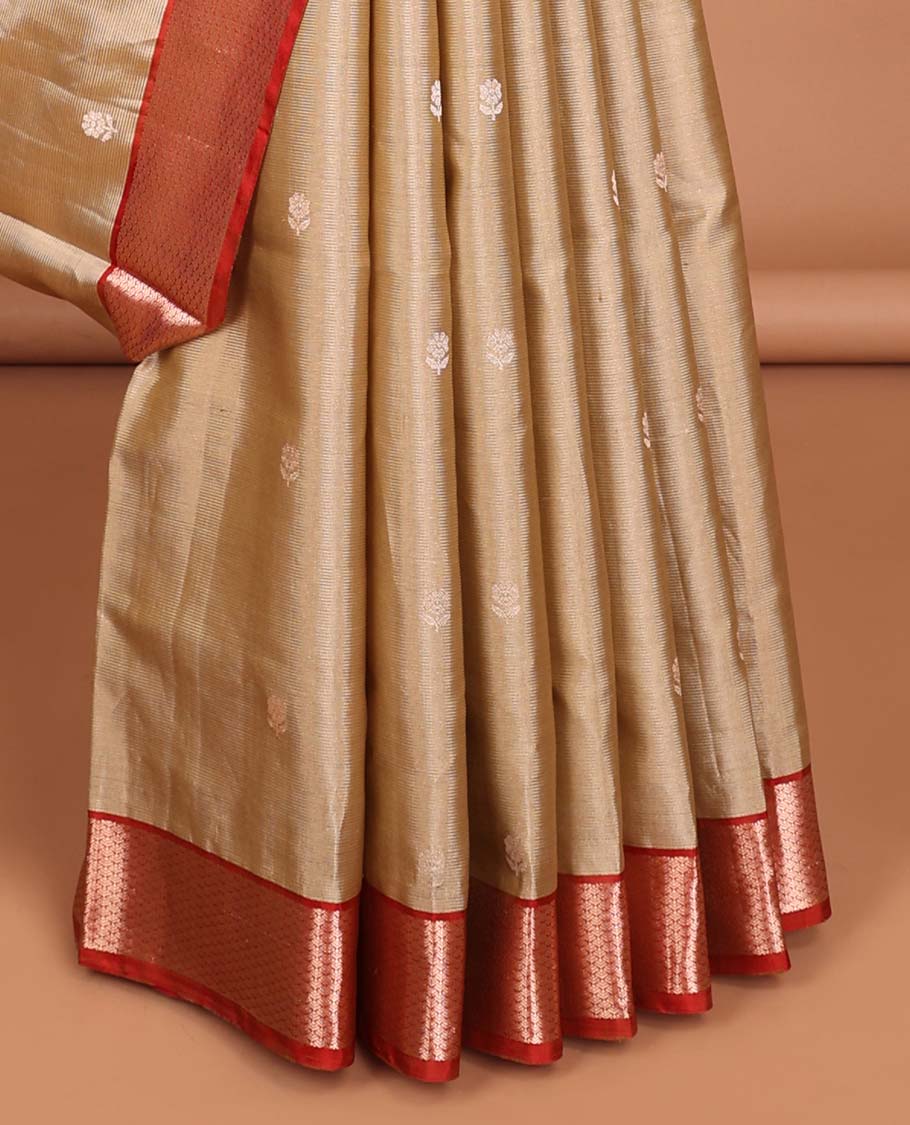 Gold striped soft silk saree with floral zari buttas, contrast jaal border & pallu of floral & intricate designs