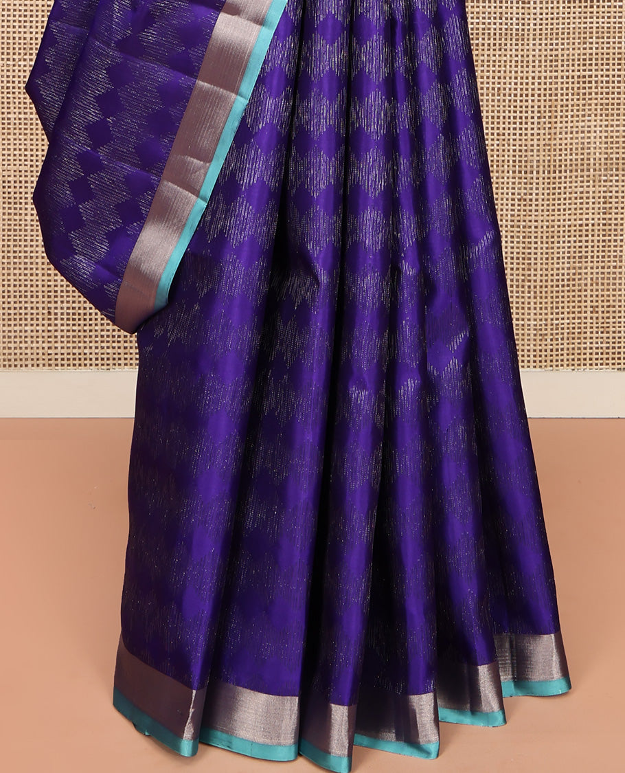 Blue Mayuri Soft Silk Saree, Sparsely Sparked with Zari Designs On Its Body, Complemented by Contrast Bavanji Border, Grand Jaal Pallu and Paired with a Contrast Blouse
