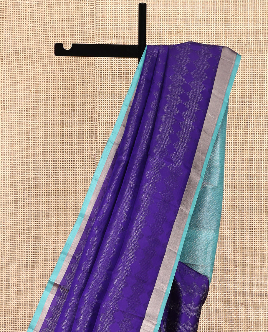 Blue Mayuri Soft Silk Saree, Sparsely Sparked with Zari Designs On Its Body, Complemented by Contrast Bavanji Border, Grand Jaal Pallu and Paired with a Contrast Blouse