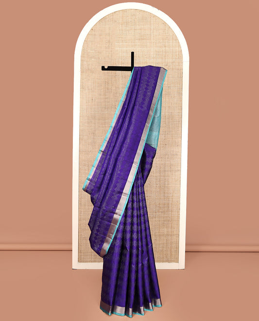 Blue Mayuri Soft Silk Saree, Sparsely Sparked with Zari Designs On Its Body, Complemented by Contrast Bavanji Border, Grand Jaal Pallu and Paired with a Contrast Blouse