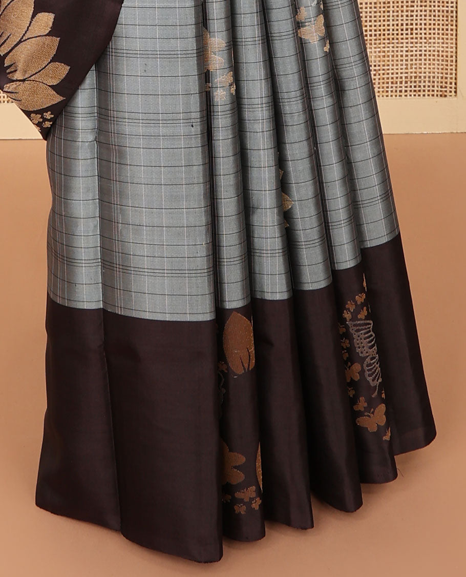 Grey checked, floral design mayuri soft silk saree with contrast sunflower design border & floral design pallu