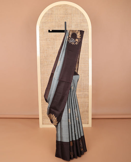 Grey checked, floral design mayuri soft silk saree with contrast sunflower design border & floral design pallu