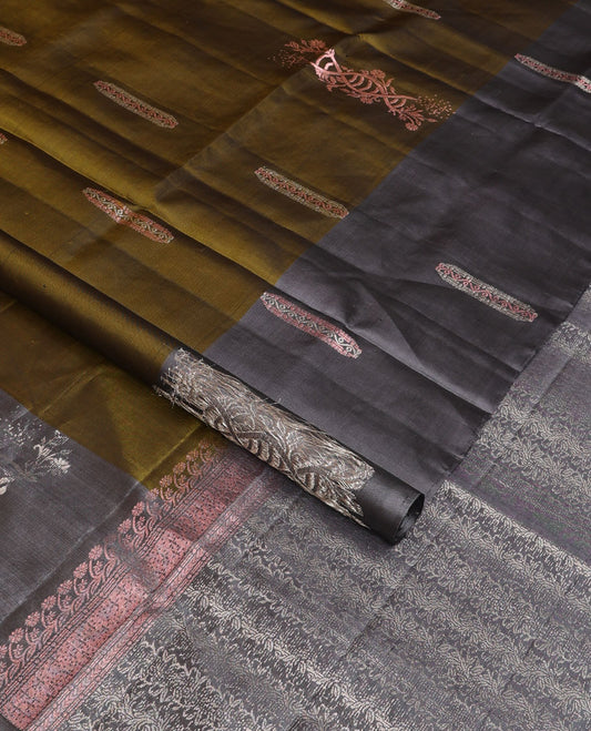 Green zari buttas soft silk saree, contrast zari buttas border & pallu of kodi visiry designs