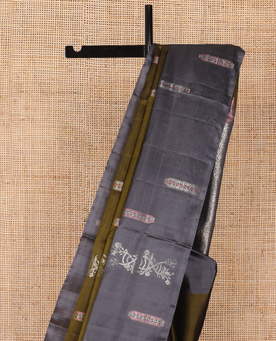 Green zari buttas soft silk saree, contrast zari buttas border & pallu of kodi visiry designs