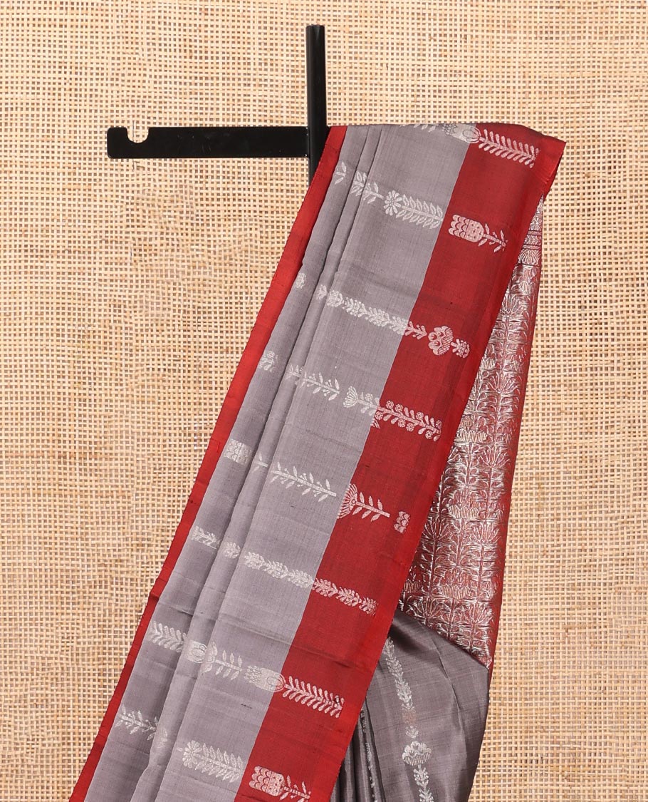 Grey zari stripes soft silk saree, contrast zari border & floral design pallu