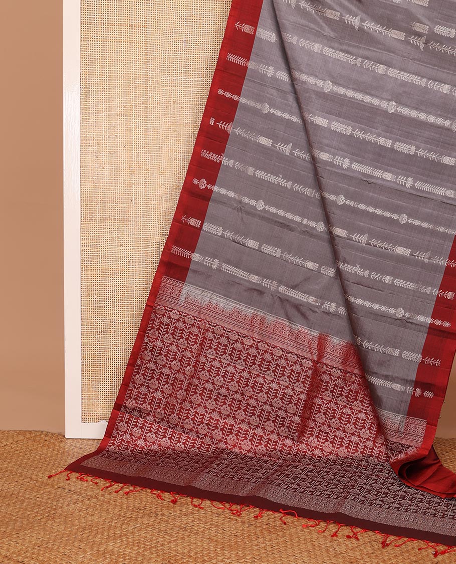 Grey zari stripes soft silk saree, contrast zari border & floral design pallu