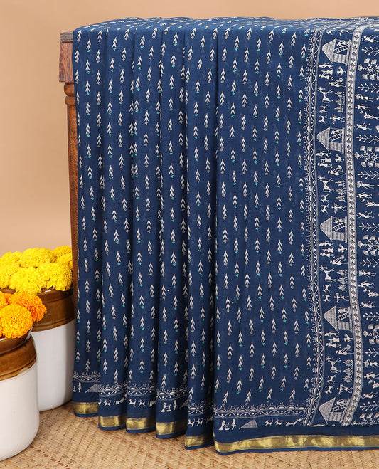 Indigo blue  traditional printed design muslin cotton saree with printed, gold zari design border & printed rich pallu along with small butta blouse