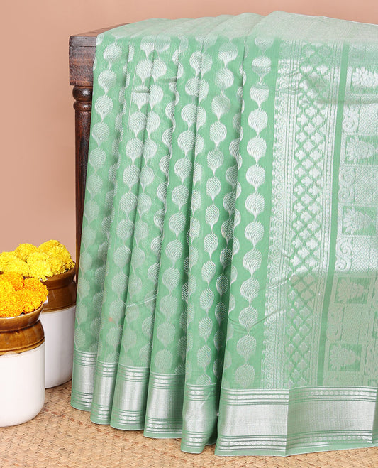 Green silver zari design silk cotton saree with double pad rudrashra border & rich pallu along with plain blouse