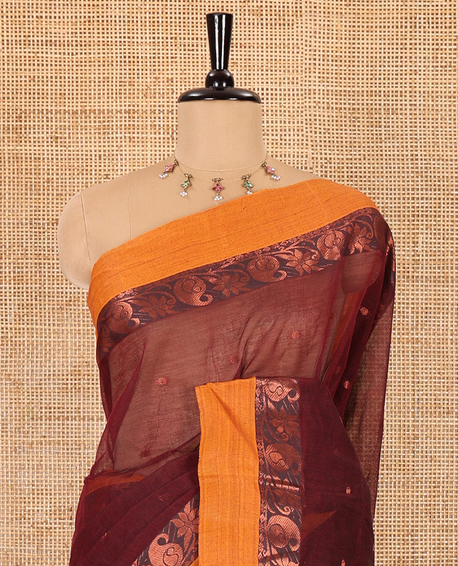 Maroon buttas woven Bengal cotton saree, contrast zari paisley and floral border, and striped pallu