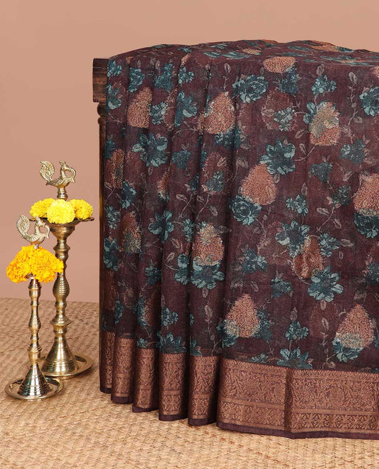 Brown screen print linen saree with copper zari border & chit pallu along with brocade blouse