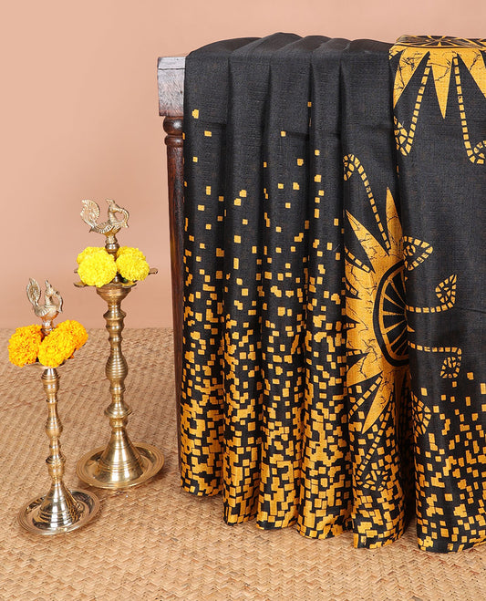 Black with Mustard floral print , sun tapestry design khadhi silk saree with self border & floral print , sun tapestry design pallu along with plain blouse