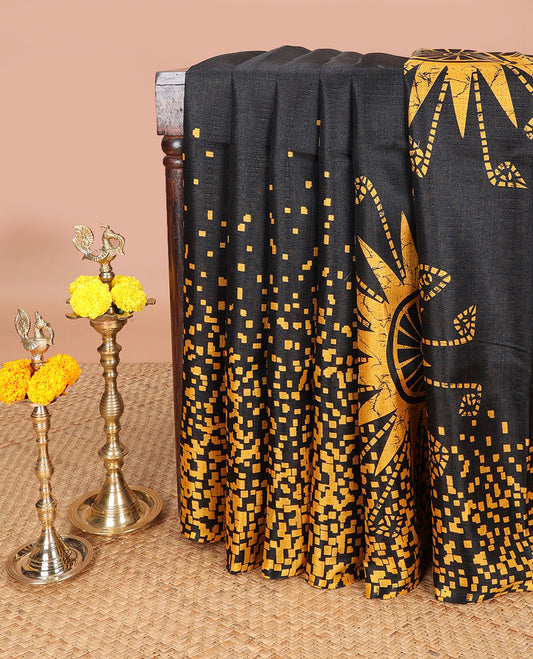 Black with Mustard floral print , sun tapestry design khadhi silk saree with self border & floral print , sun tapestry design pallu along with plain blouse