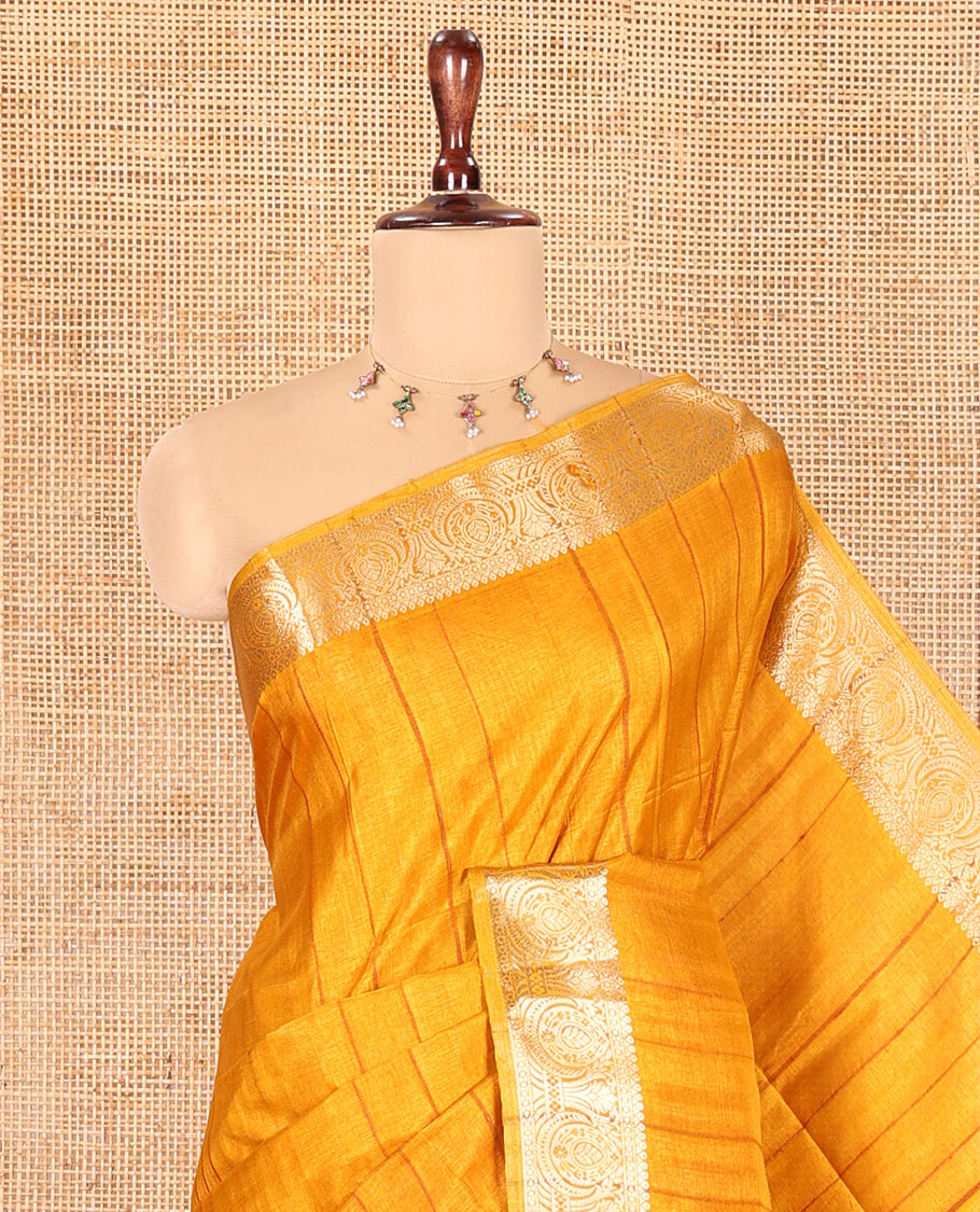 Mustard Fancy Tussar Saree, Intricate Border, Grand Pallu, a Printed Blouse, Matching Brocade Blouse