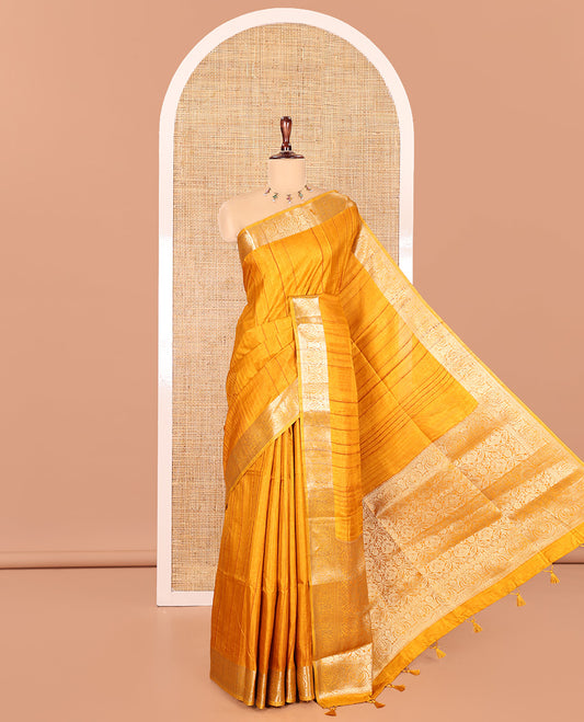 Mustard Fancy Tussar Saree, Intricate Border, Grand Pallu, a Printed Blouse, Matching Brocade Blouse