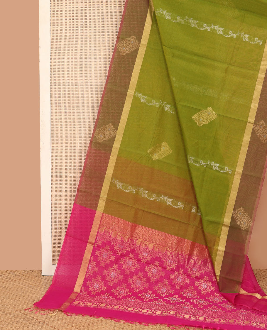 Green floral creeper and zari buttas silk cotton saree, contrast zari buttas border, and zari floral diamond patterned pallu