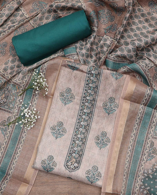 Beige material chudidar set, floral motifs printed with stone work top, contrast plain bottom and Mughal style floral printed dupatta