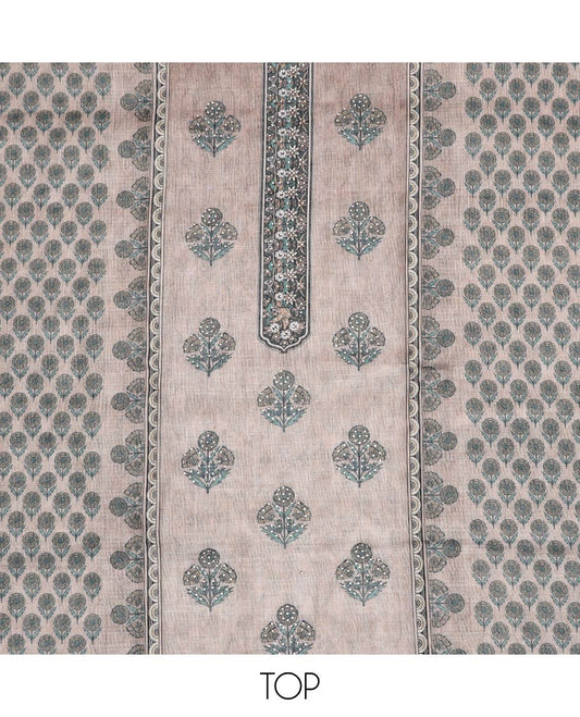 Beige material chudidar set, floral motifs printed with stone work top, contrast plain bottom and Mughal style floral printed dupatta