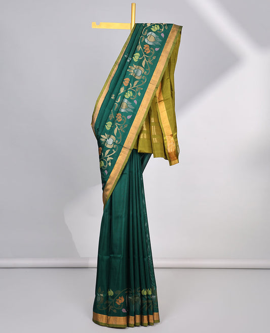 Green floral design uppada silk saree with contrast zari border & striped, floral zari design pallu