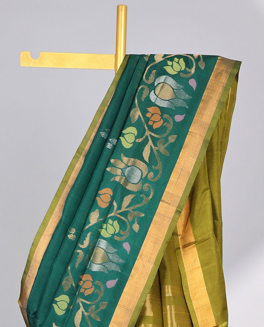 Green floral design uppada silk saree with contrast zari border & striped, floral zari design pallu