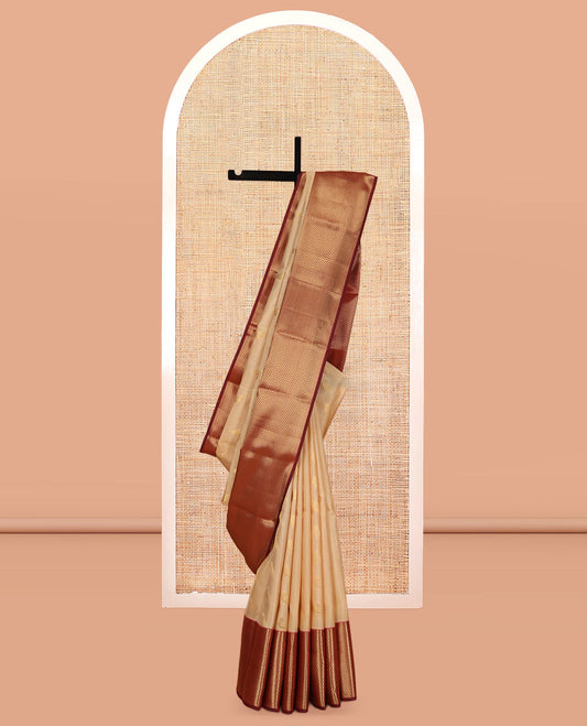 Sandal Vasundhara Lite Silk Mix Saree, Adorned with Pakshi Buttas, a Contrast Mayil Kann Border, Grand Pallu, and a Contrast Blouse