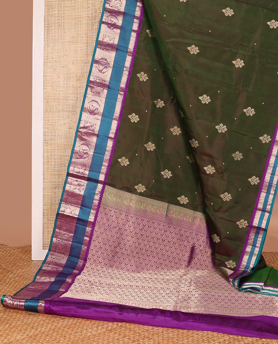 Green zari buttas silk saree, contrast border of rudraksham, mayil kann, kamalam, manga, and mayil designs , and jaal pallu