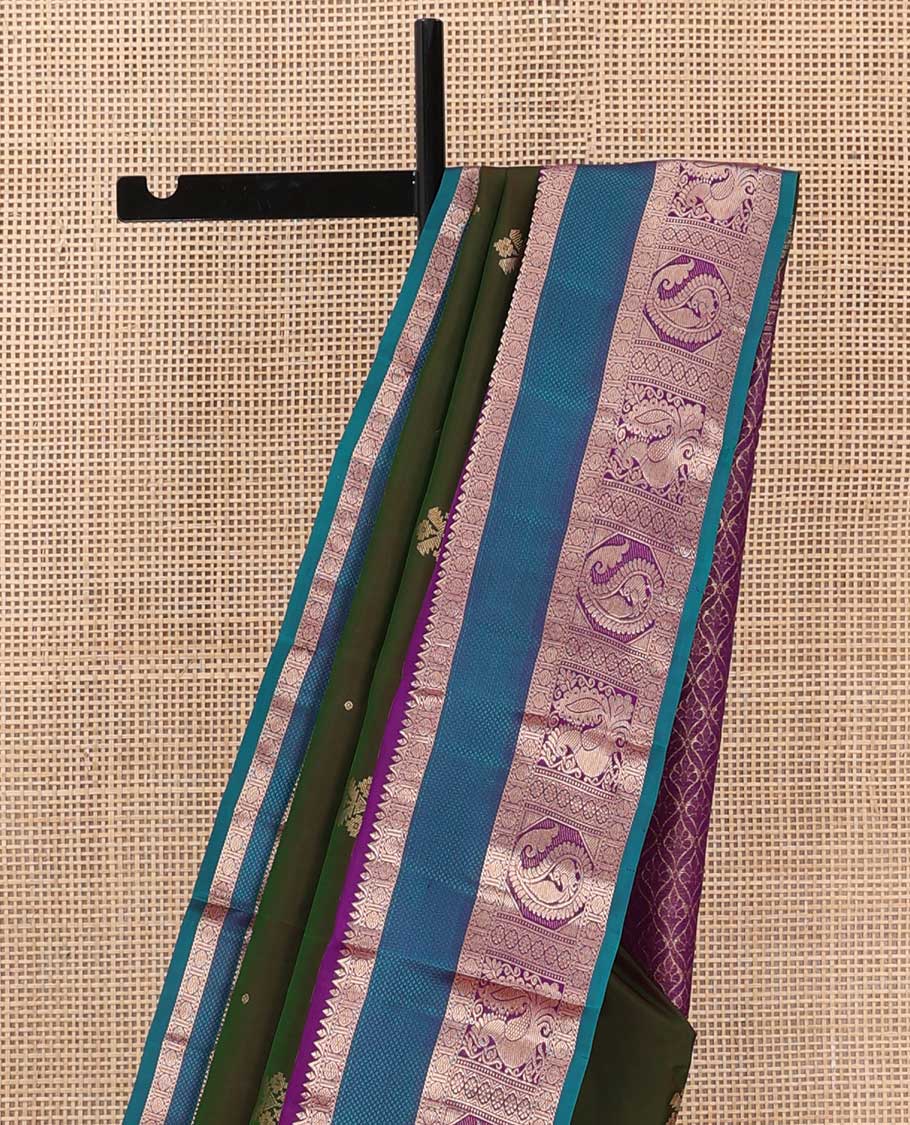 Green zari buttas silk saree, contrast border of rudraksham, mayil kann, kamalam, manga, and mayil designs , and jaal pallu