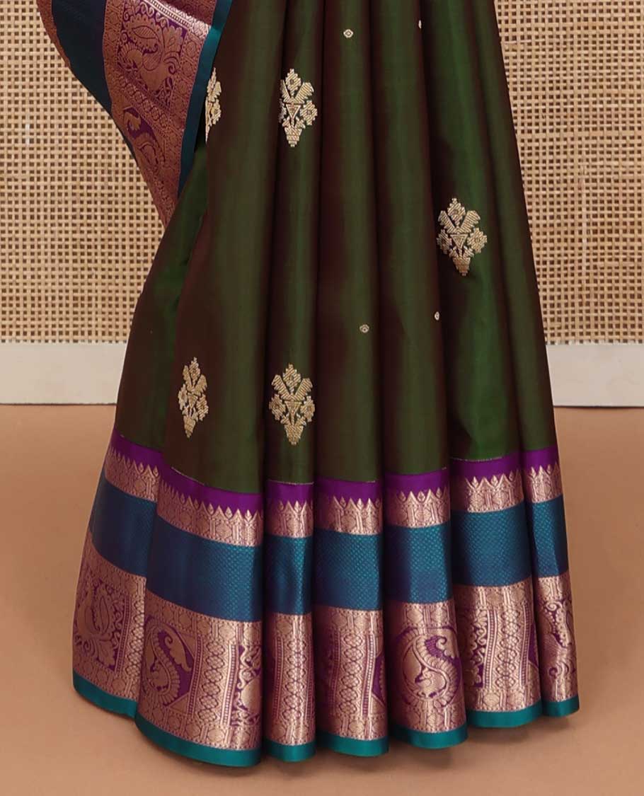 Green zari buttas silk saree, contrast border of rudraksham, mayil kann, kamalam, manga, and mayil designs , and jaal pallu